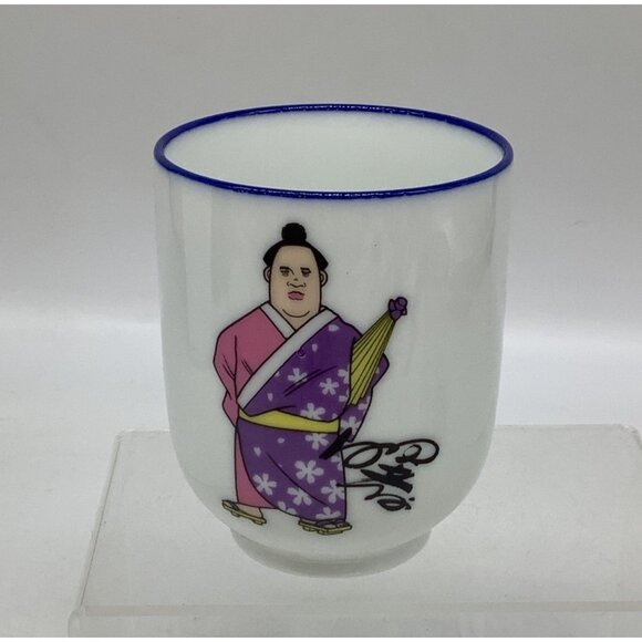 Cartoon Japanese Sumo Wrestling Sake Cups With Blue Rim & Signed Base Set Of 2 P - Picture 2 of 10